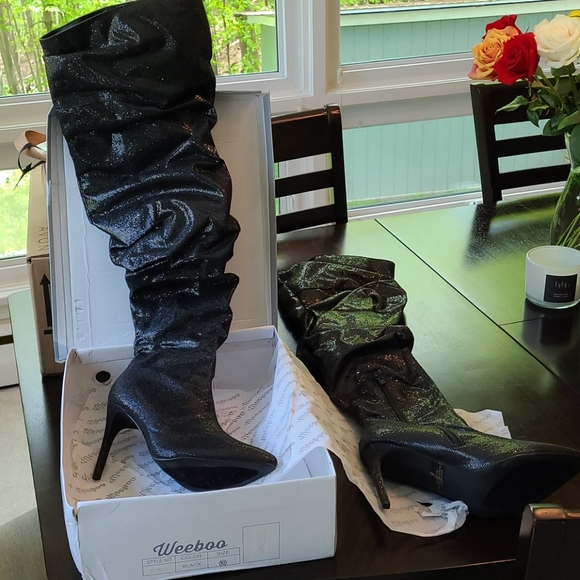 Black glitter thigh high boots